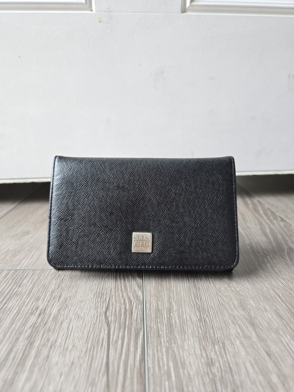 Saks Fifth Avenue Black Saffiano Leather Flap Clutch Wallet Snap Card Slots ID